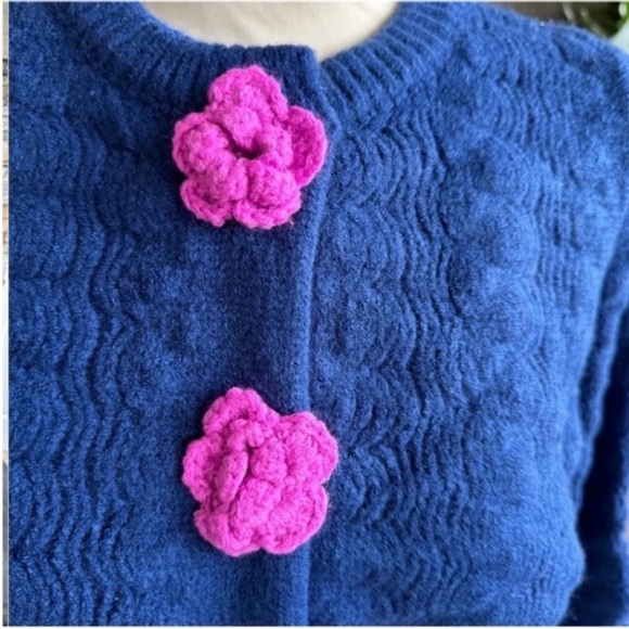 Elegant Blue Cardigan with Pink Floral Details - Picture 8 of 16